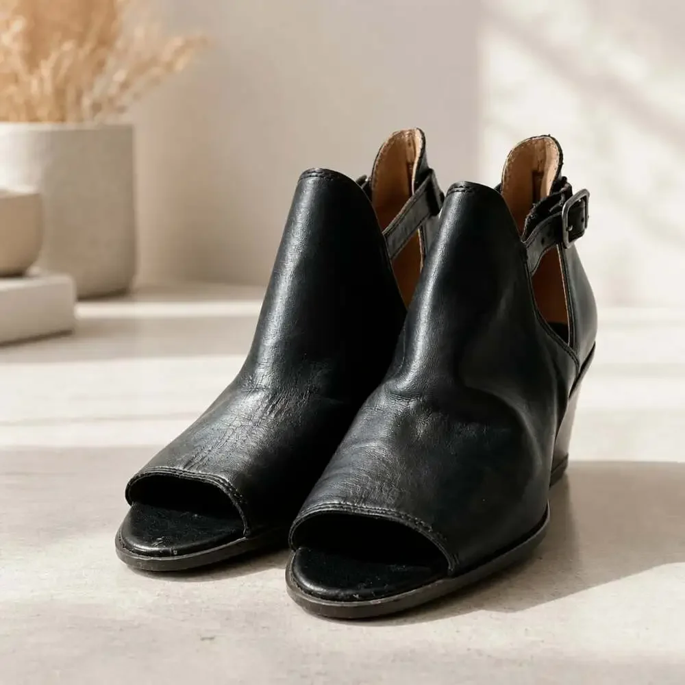 Lucky Brand Women's Black Leather Barimo Peep Toe Cut Out Ankle Booties